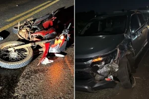 Foto: Acidente entre motocicleta e caminhonete deixou homem gravemente ferido na