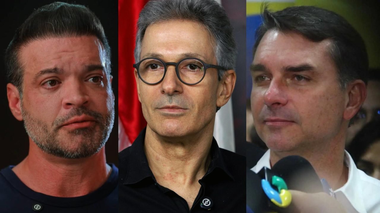 Guto Scarpanti, Romeu Zema e Flávio Bolsonaro. (Foto: Divulgação, Midiamax)