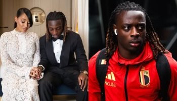 Montagem com imagens do jogador belga Jérémy Doku e de sua esposa Shireen. — Fot