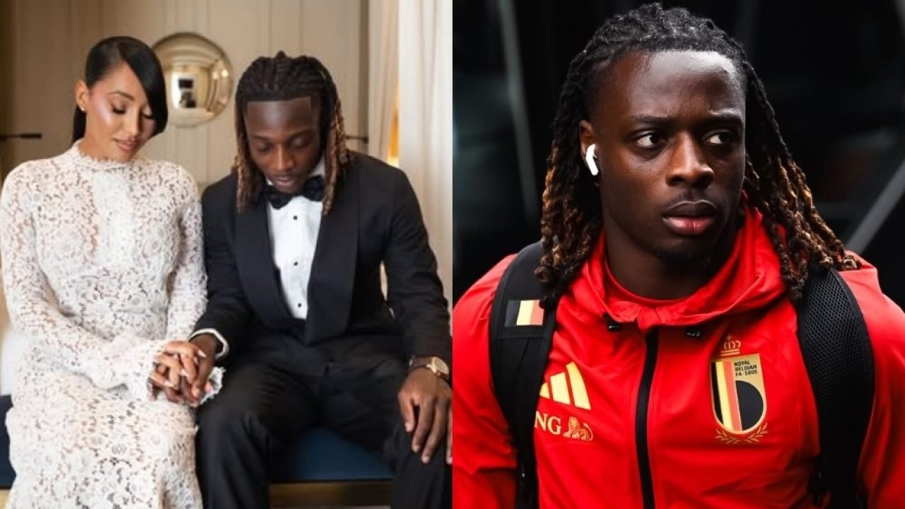 Montagem com imagens do jogador belga Jérémy Doku e de sua esposa Shireen. — Fot