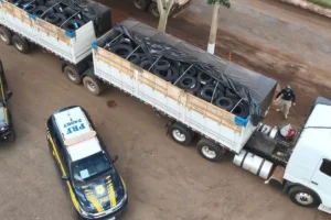 Foto: Carga de pneus apreendida - Foto: PRF/Divulgação