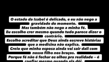 Marido de Isabel Veloso fala sobre gravidade do quadro