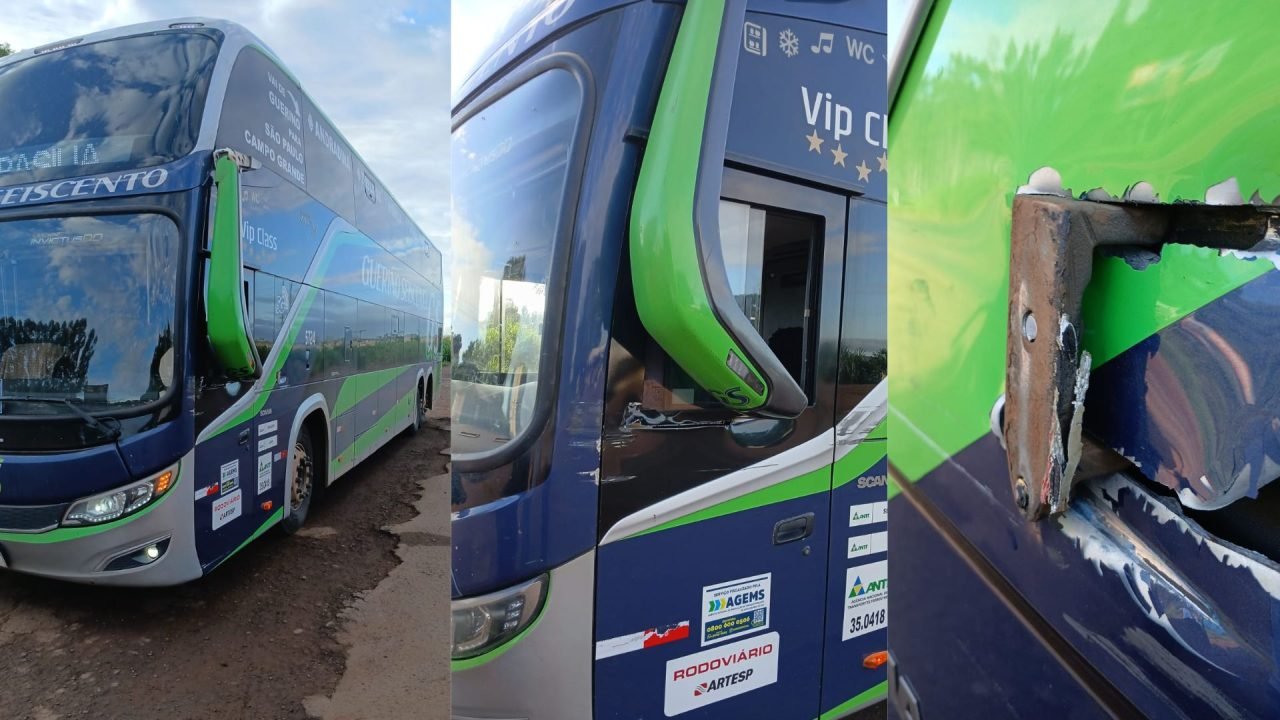 Ônibus foi atingido lateralmente. — Foto: Ônibus foi atingido lateralmente. (Fot